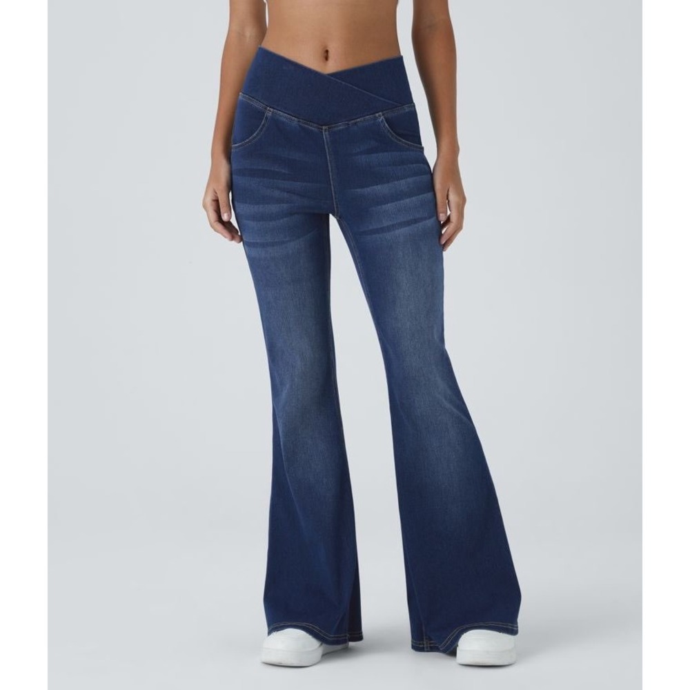 Halara Crossover Waist Flare Jeans Womens L Blue Stretch Denim Retro Y2K